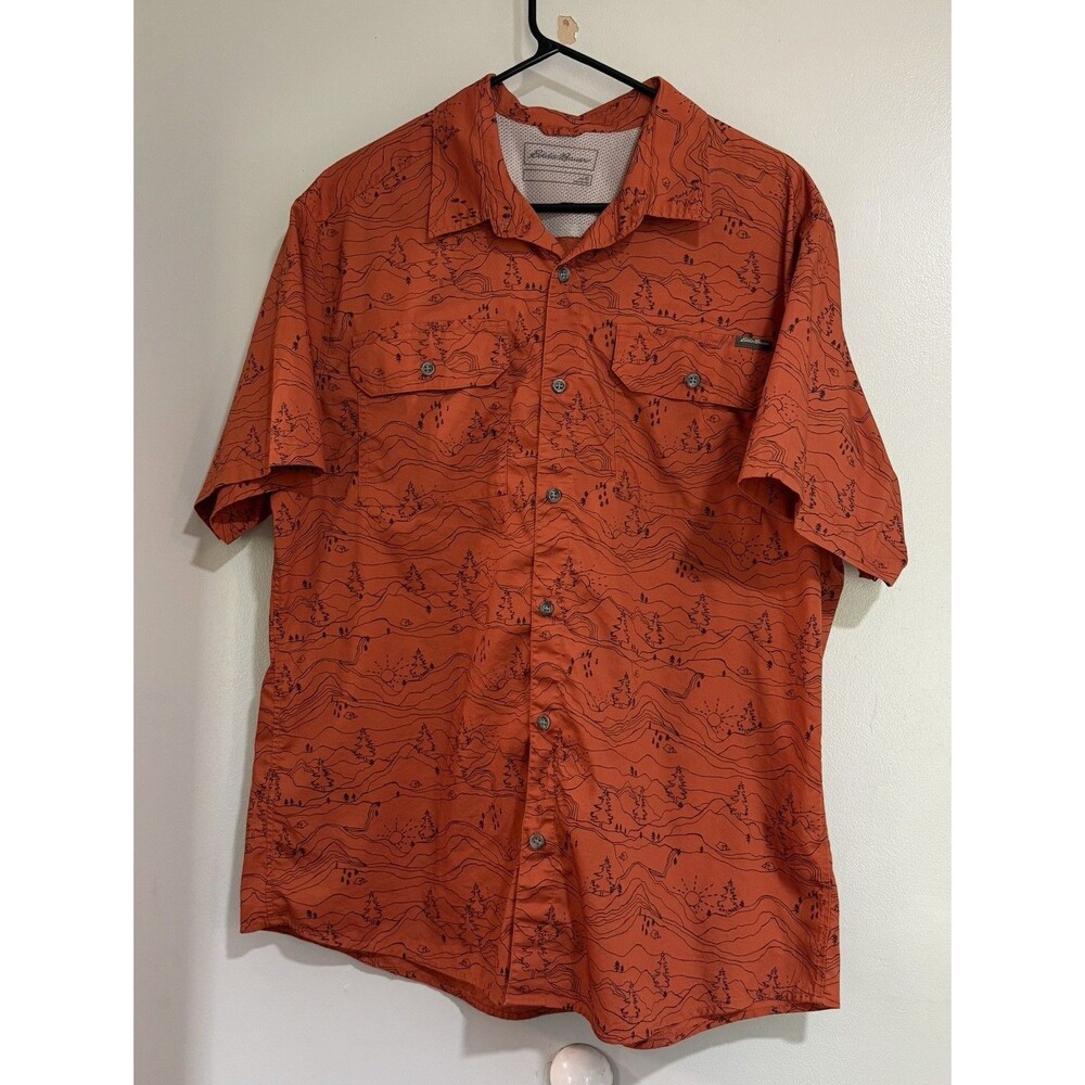 Eddie Bauer Men’s XL  Mountain Print Camp SS Lightweight Outdoor Orange